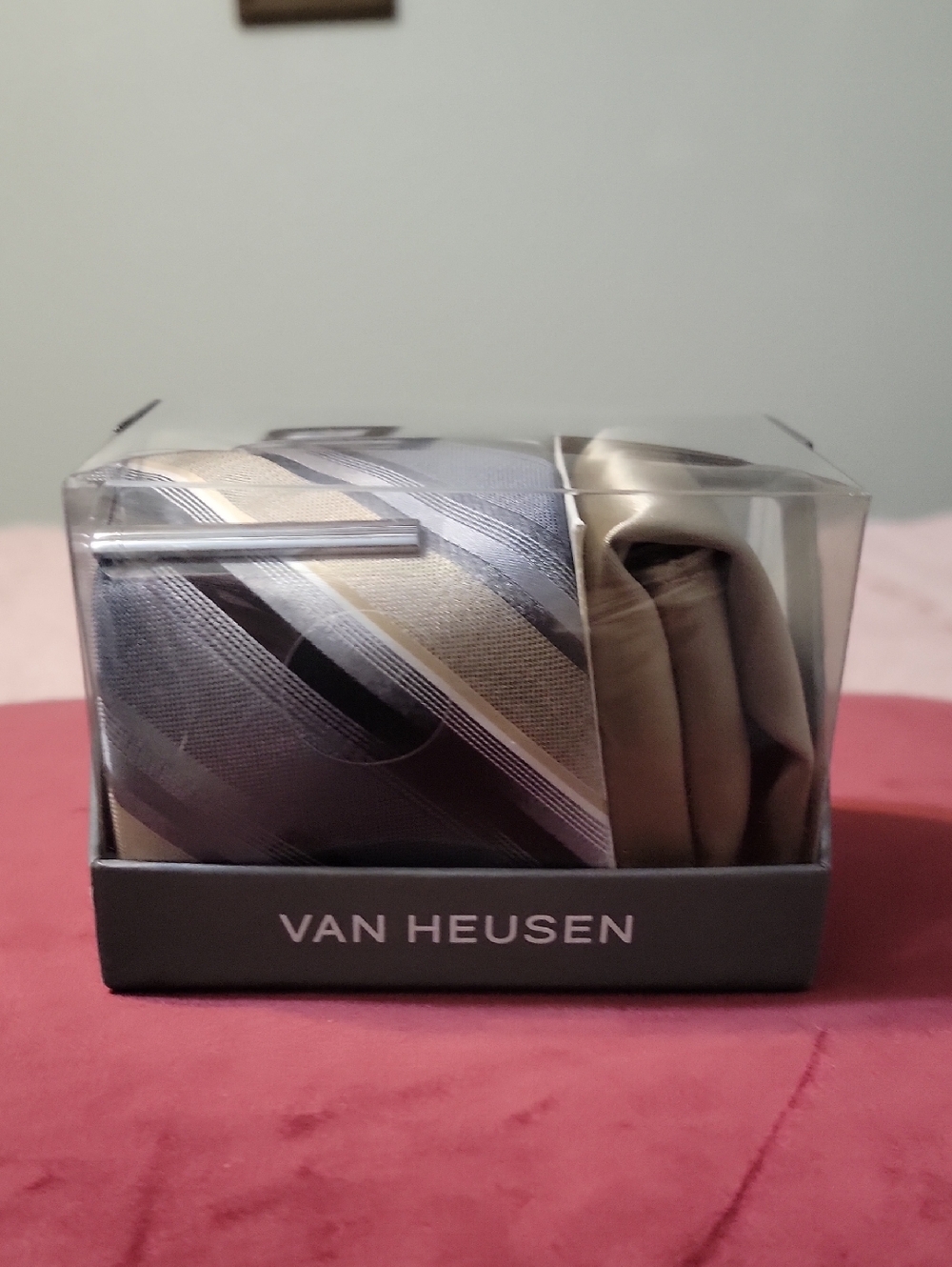 Van Heusen Men's Striped Tie and Pocket Square Set - Gray & Tan